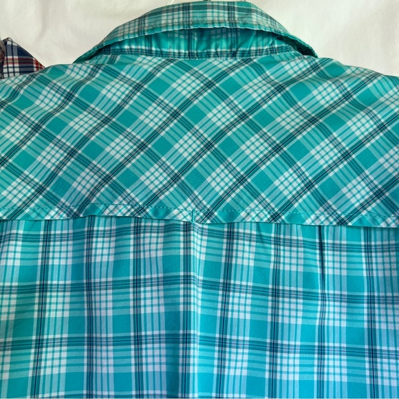 Eddie Bauer Plus Size 2XL Aqua Plaid Long Sleeve Summer Blouse Front Zip Pockets - Picture 7 of 14